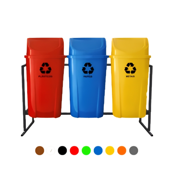 Kit de coleta seletiva para refeitórios com 3 lixeiras basculantes de 60 litros em PEAD/PP