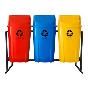 Conjunto de coleta seletiva 3 lixeiras 60l com estrutura para ambientes corporativos.