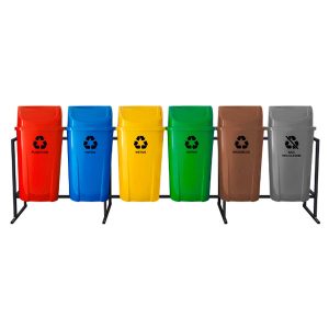 Conjunto de Coleta Seletiva 6 Lixeiras 60L para Empresas em aço galvanizado e PEAD, ideal para gestão de resíduos industriais.