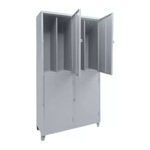 Roupeiro de aço para ambientes insalubres com 4 portas e divisória interna para roupa limpa e suja, conforme NR 24 e NR 18.
