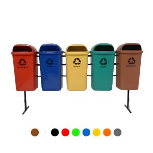 Kit de lixeiras para refeitórios e alojamentos com 5 papeleiras coloridas de 50 litros para coleta seletiva em ambiente industrial.