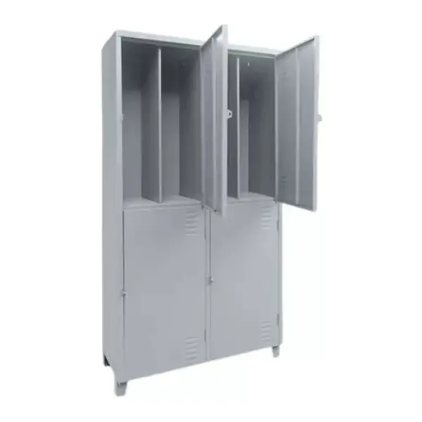 Roupeiro de aço para ambientes insalubres com 4 portas e divisória interna para roupa limpa e suja, conforme NR 24 e NR 18.